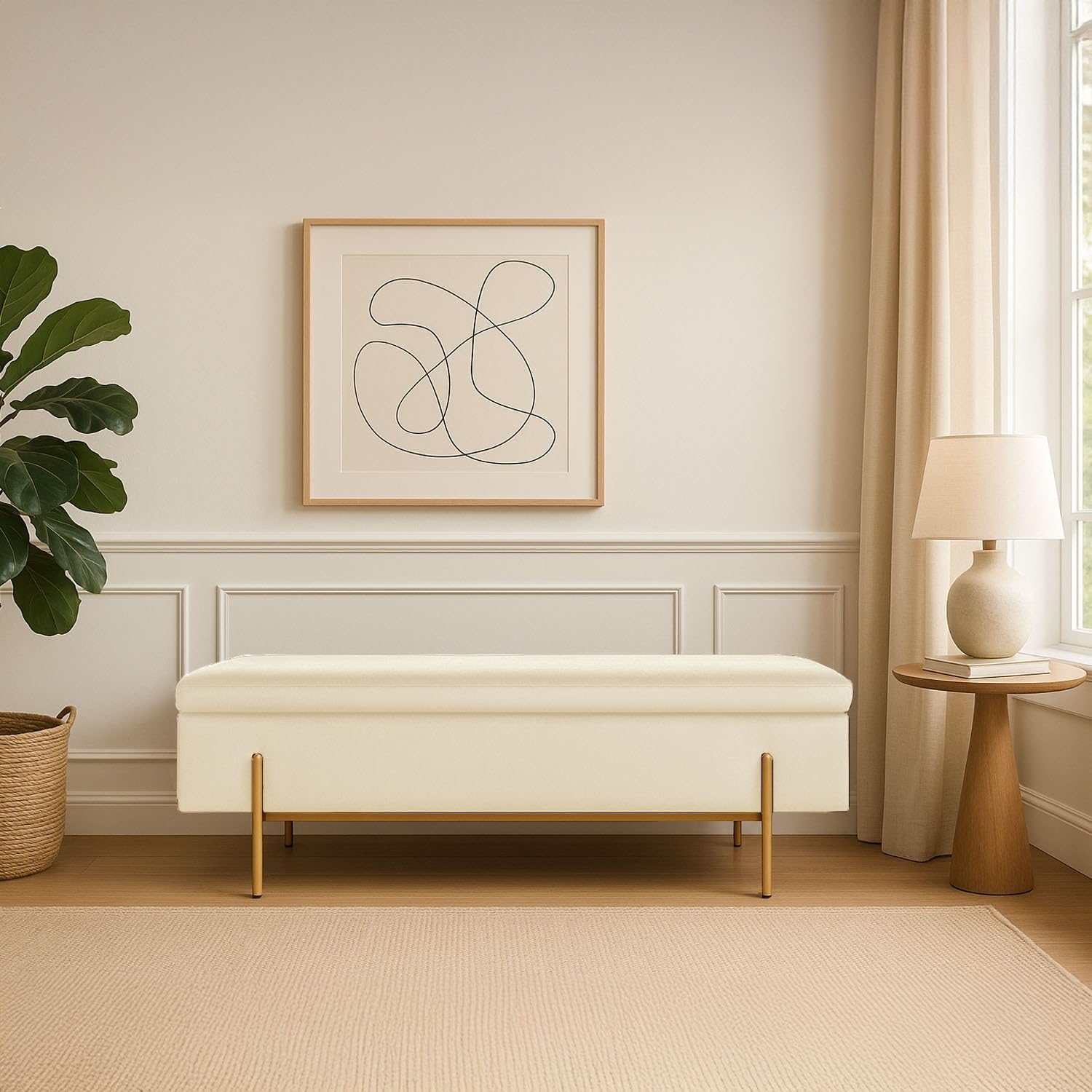 INTENSE DECO Banquette Coffre Olivia Velours Beige Pieds doré