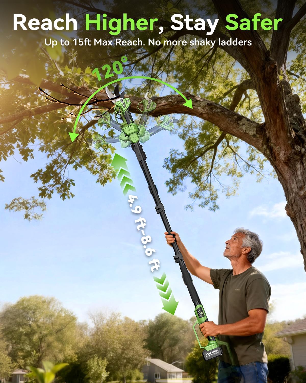 J-KU Electric Pruning Shears Cordless: 2-in-1 Electric Tree Pruner with Extension Pole, 21V 2×4000mAh Battery Powered, 1.4" Cutting Diameter, Brushless Pole Pruner Branch Cutter for Tree Trimmer