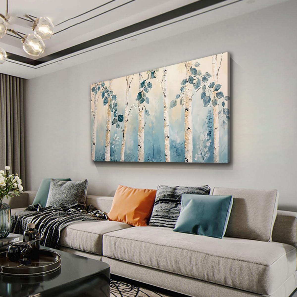CHERHERART Art mural en toile Bouleau Forêt Affiche paysagère Décoration bleu blanc Image sur photo nature pour salon Chambre Bureau à domicile 80x170cm Sans cadre