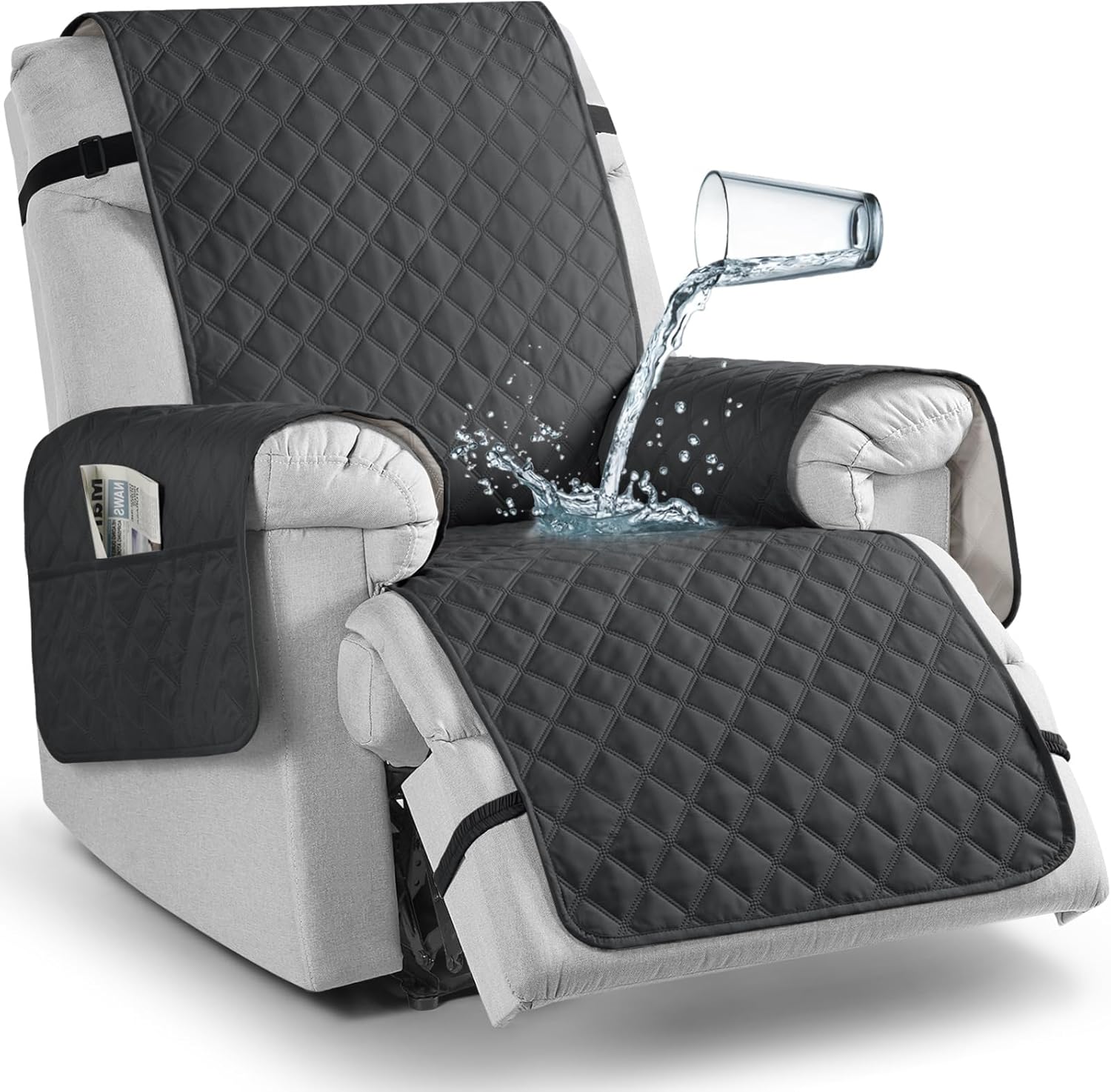 TAOCOCO 100% Waterproof Recliner Chair Cover Non-Slip Reclining Cover for Recliner Chair Washable Chair Seat Cover with Elastic Straps for Pets Sofa Slipcover with Pocket (Small 23'', Charcoal Gray)