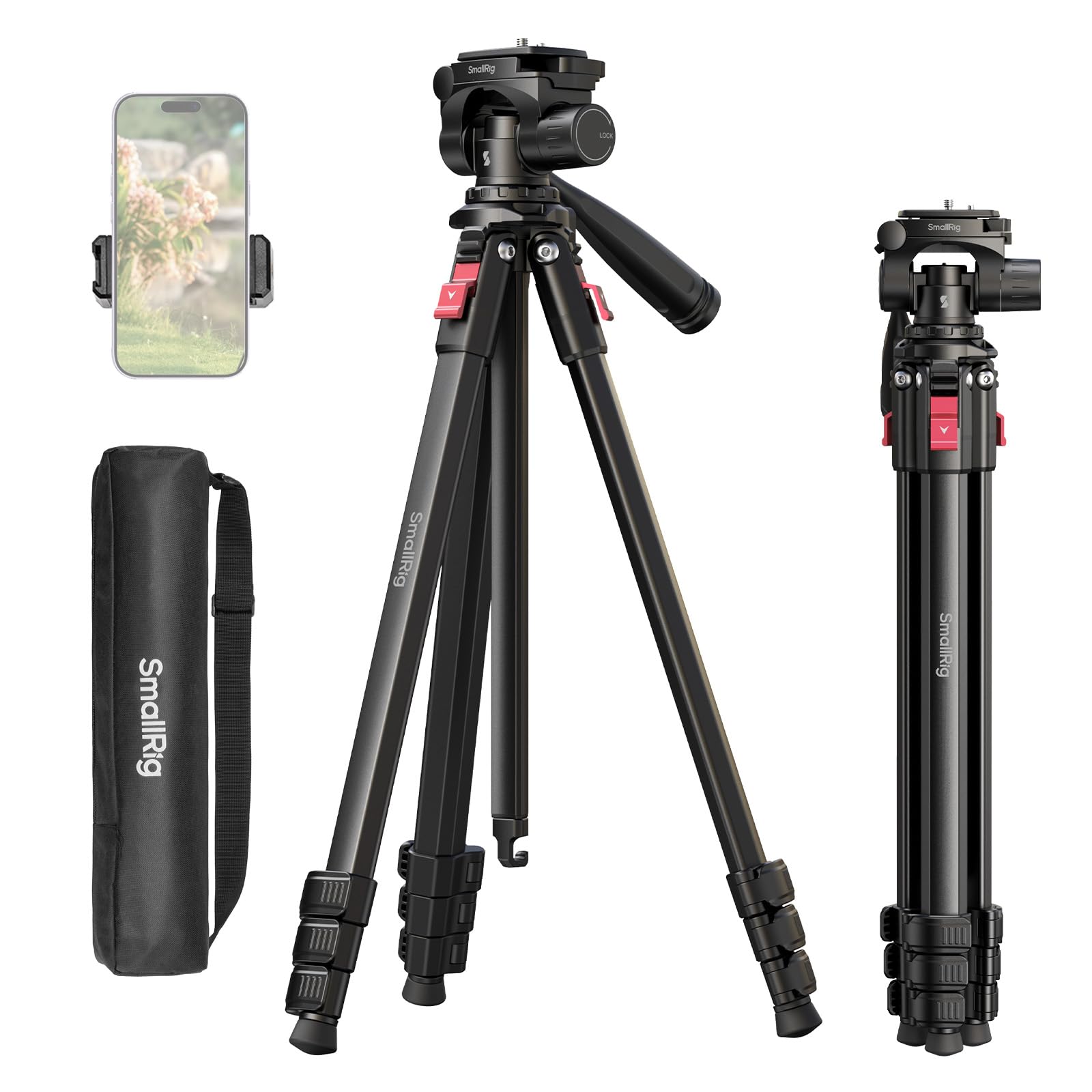 SMALLRIG 172 cm Trépied de Voyage en Aluminium avec Clip pour Caméra et Téléphone, Trépieds Portables avec Pieds à Verrouillage Rapide, pour Diffusion en Direct et Vlogging, Charge Max 5 kg - 5474