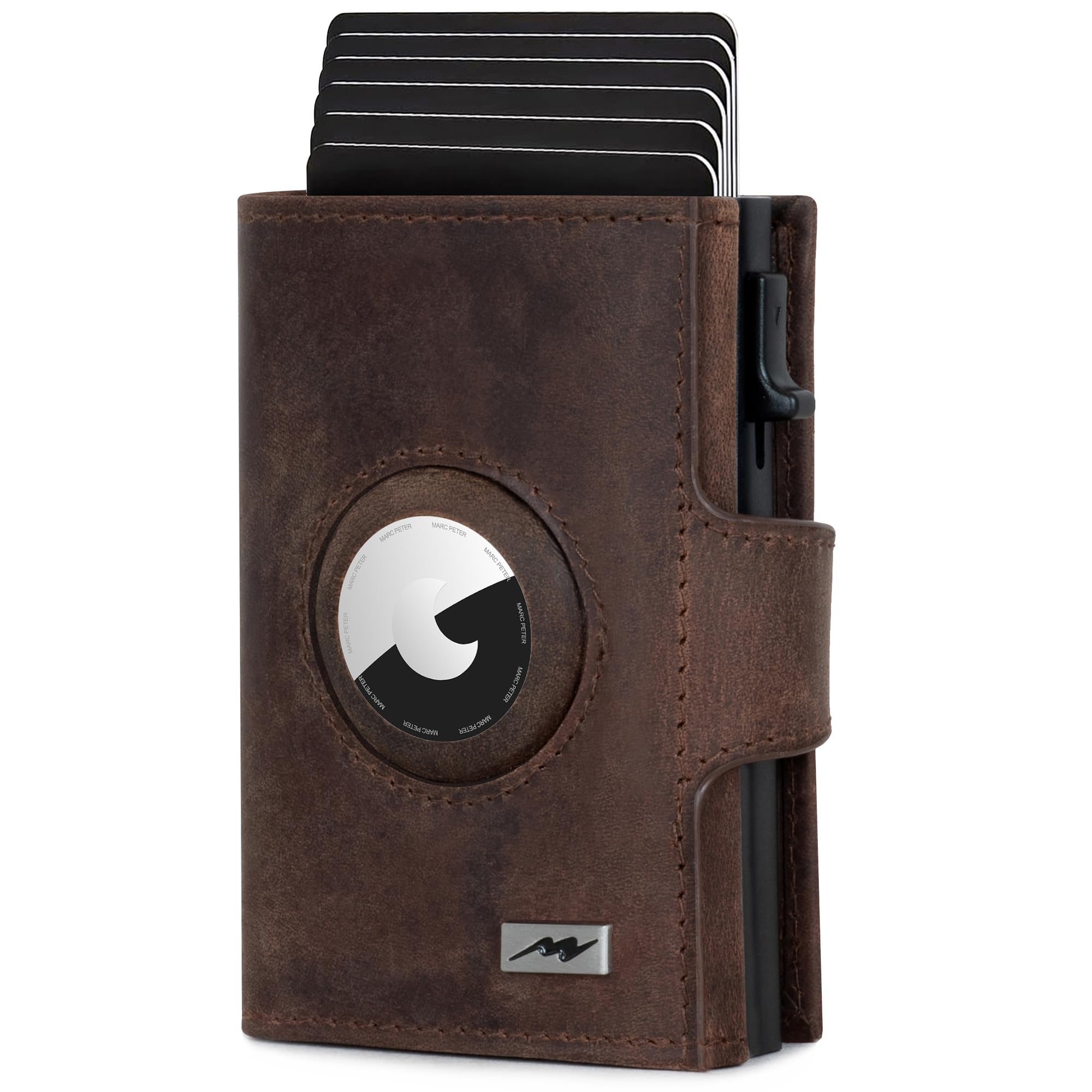 Marc Peter® Chicago Vintage Braun Leder Push Air Slim Wallet | Airtag Geldbörse mit Münzfach | RFID Schutz kleines Mini Portmonee
