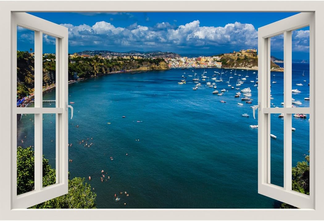 RoyalWallSkins Window Frame Mural Beautiful Island - Huge Size - Peel and Stick Fabric Illusion 3D Wall Decal Photo Sticker