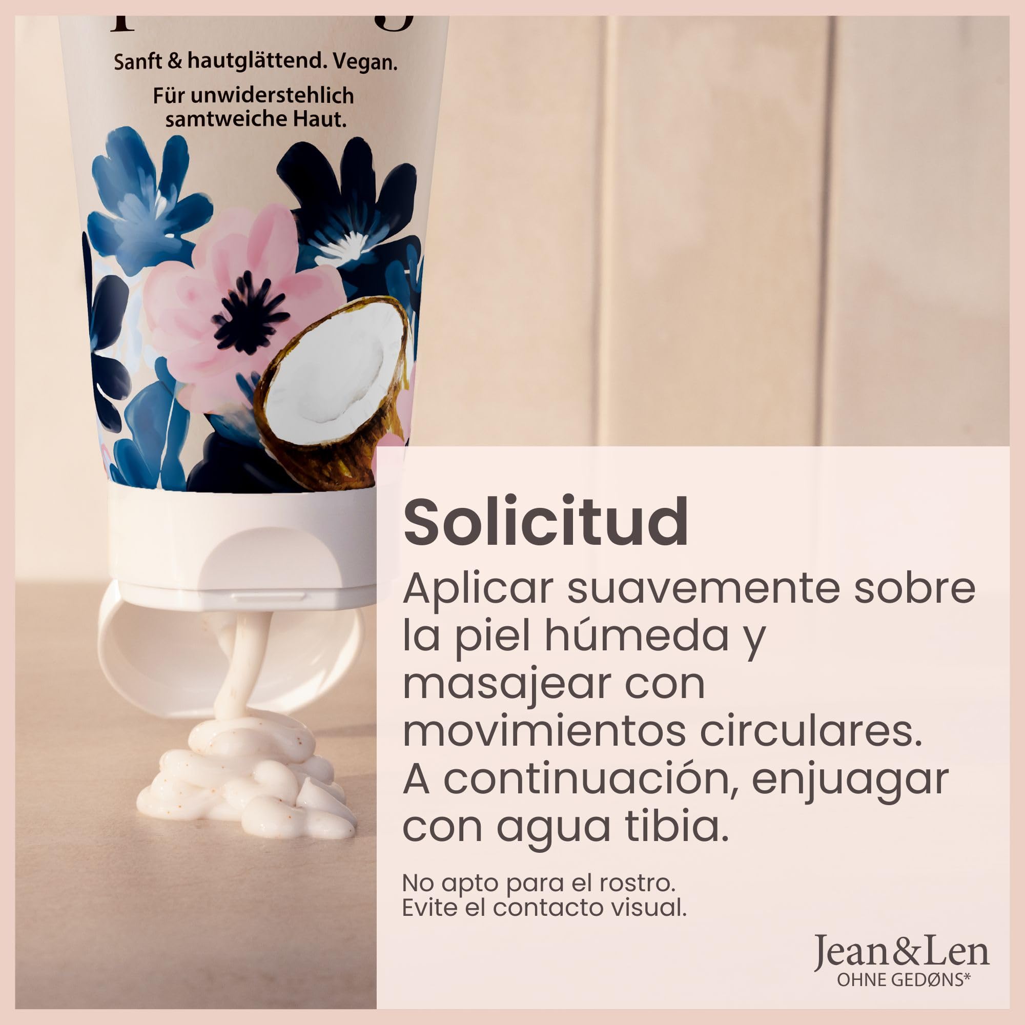 Jean & Len Exfoliante de ducha Leche de avena y coco, con partículas exfoliantes de cáscara de coco, elimina las células muertas, deja la piel aterciopelada, sin siliconas, Body Scrub vegano, 200 ml