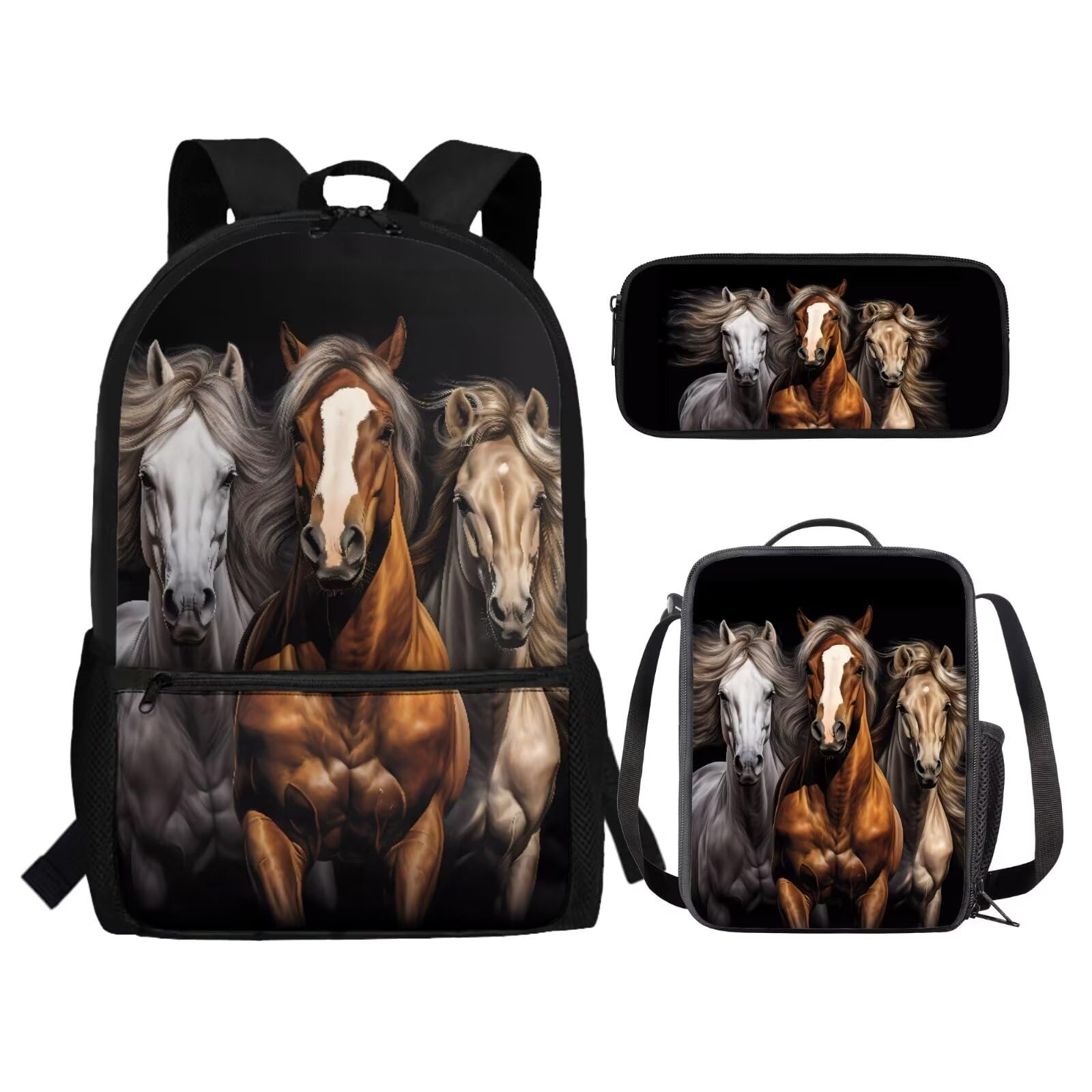 chaqlin Ensemble sac à dos d'école pour enfants garçons avec boîte à déjeuner et trousse à crayons - Lot de 3 sacs à déjeuner isothermes et pochette à stylos, Cheval marron, 11 x 17.3 x 5.5 inches