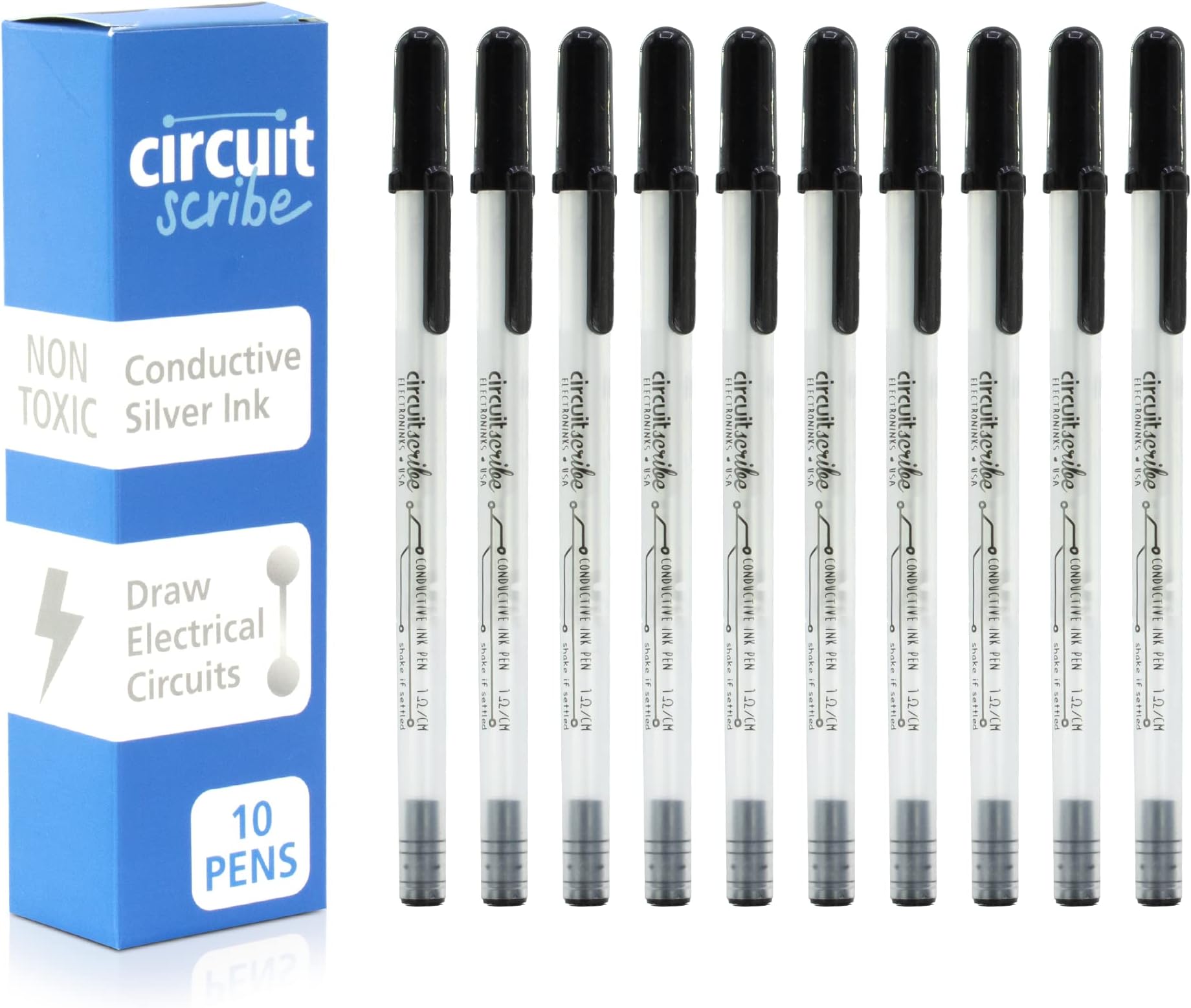 Circuit Scribe Non-Toxic Conductive Ink Pen for Kids Circuit Building Set (10-Pack) | Silver Ink Rollerball Point Pen Kit, Science Experiments, DIY Science Projects (New & Improved Formula)