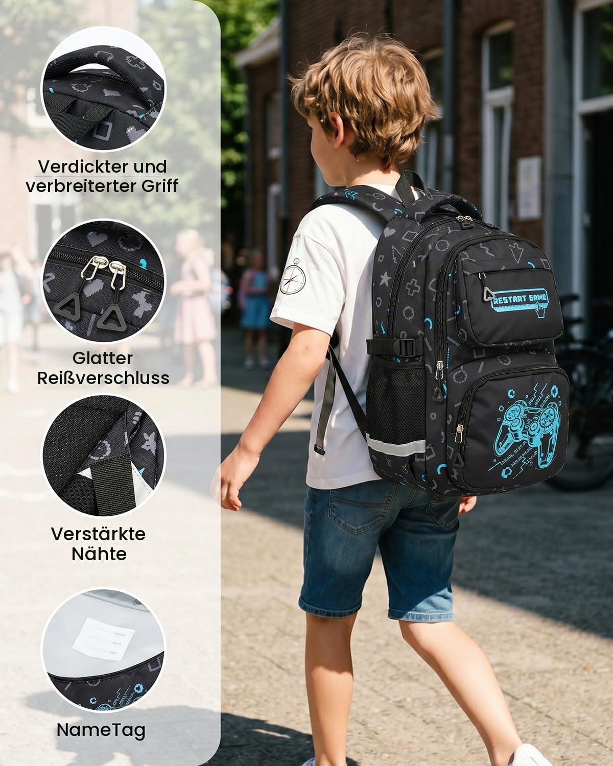 Amythe Schulranzen Jungen 1. bis 4. Klasse Reflektierend, Spielkonsole | Nachtleuchtend Wasserdicht Laptopfach Leicht Spielkonsole Daypack Multitasche Geräumig Robust für Schule Reisen Wandern