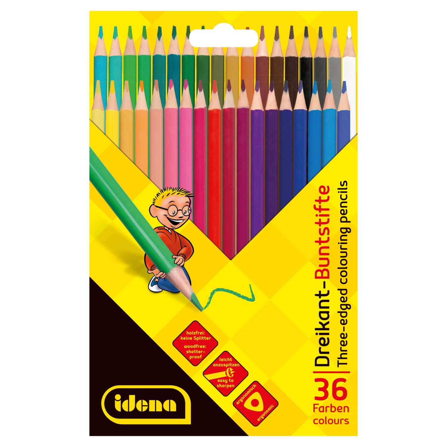 Idena 20161 Triangular Colouring Pencils for Painting, Drawing, Writing and Colouring, 36 Bright Colours in Cardboard Case, Ergonomic Triangle Shape