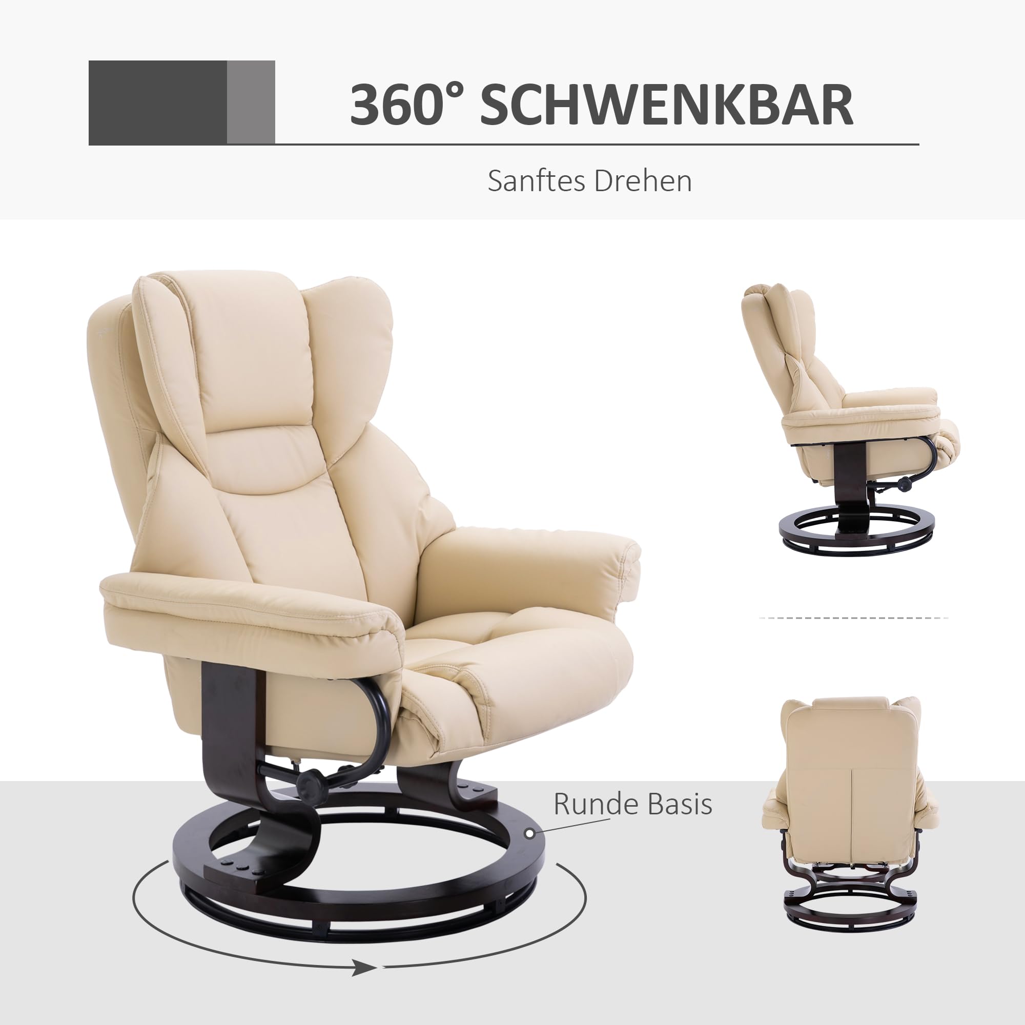 HOMCOM Relaxsessel mit Hocker, 360° drehbarer Fernsehsessel mit Liegefunktion, Hoher Rückenlehne, Armlehnen, Holzfuß Bequem Liegesessel TV Sessel bis 160 kg für Wohnzimmer, Kunstleder, Cremeweiß