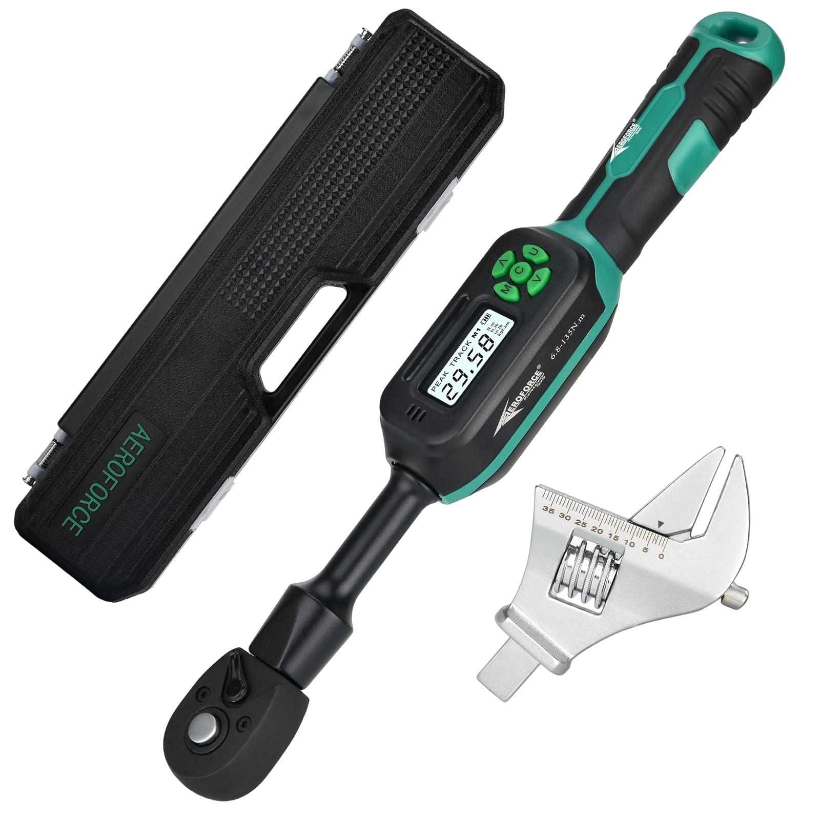AEROFORCE - Llave dinamométrica digital de 3/8 pulgadas, llave dinamométrica eléctrica de 6.8-135 Nm con extremo abierto de 38 mm, mandíbula intercambiable y cabeza de trinquete, para HVAC, automoción