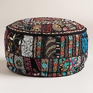 Marusthali Indian Pouf Footstool Ethnic Embroidered Pouf Cover, Indian Cotton Round Pouffe Ottoman Pouf Cover Pillow Ethnic Decor Art - Cover Only (14 x 22 Inches, Black)
