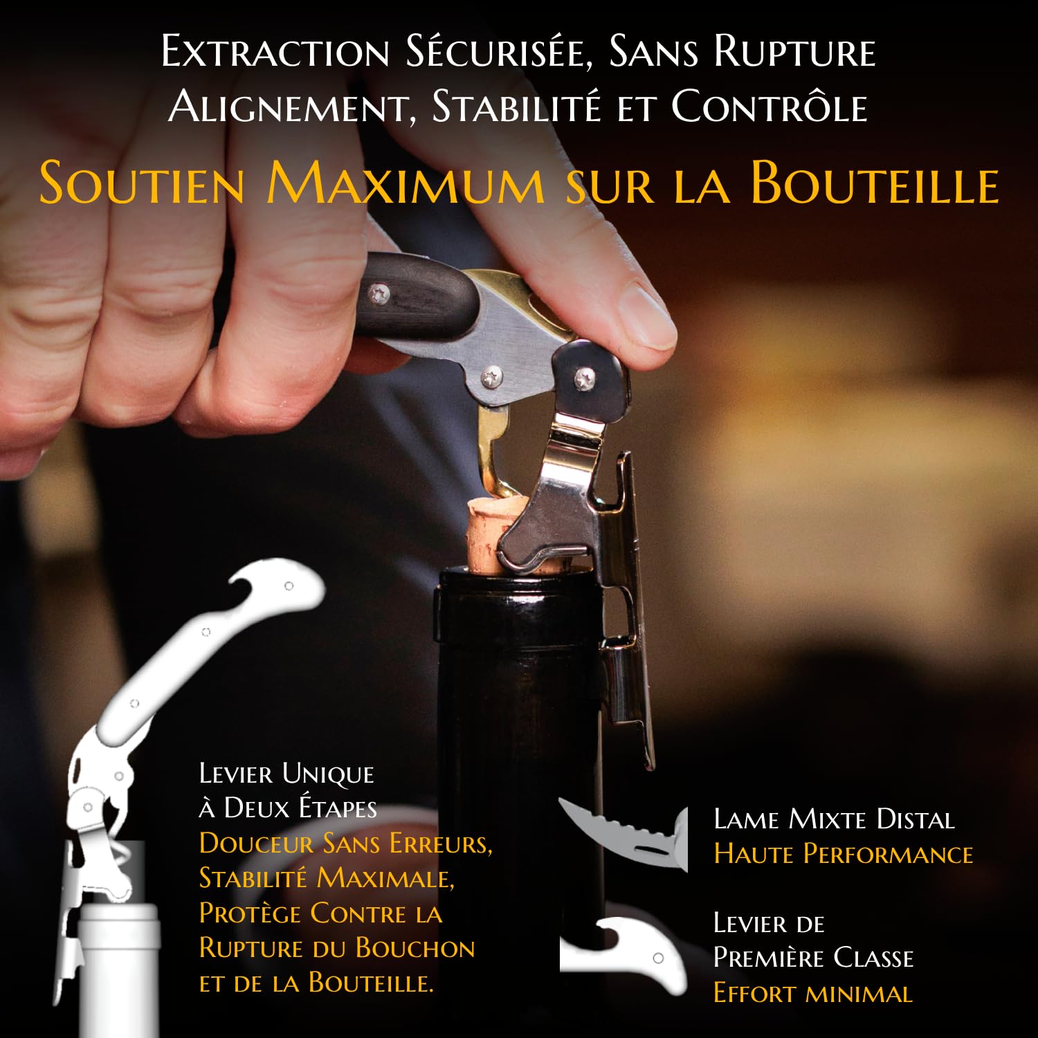 Tire-Bouchon pour Professionnels - FALCORK 249 Protection - À 2 Étapes avec Levier Fixe et Bascule Anti-Casse de Bouteille, Conçu pour un Débouchage Fluide et Contrôlé des Bouchons Longs Jusqu'à 49 mm
