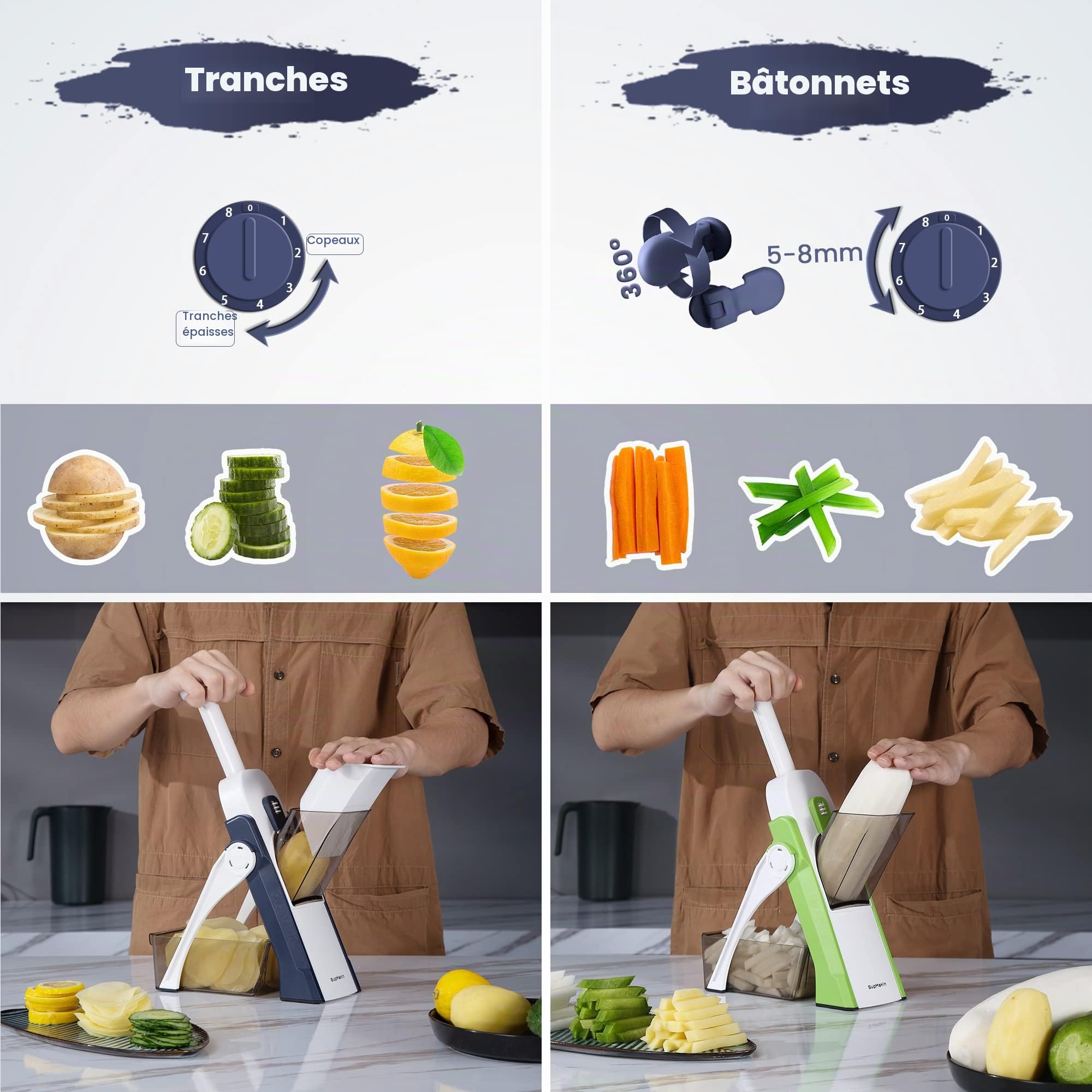 SupMaKin Mandoline de Cuisine Safety Slicer Manuelle Multifonction Tous Coupe Légumes Lame en acier inoxydable, Julienne, Cubes, Fcoupe Patate Frite carotte, Euroshopping - bleu