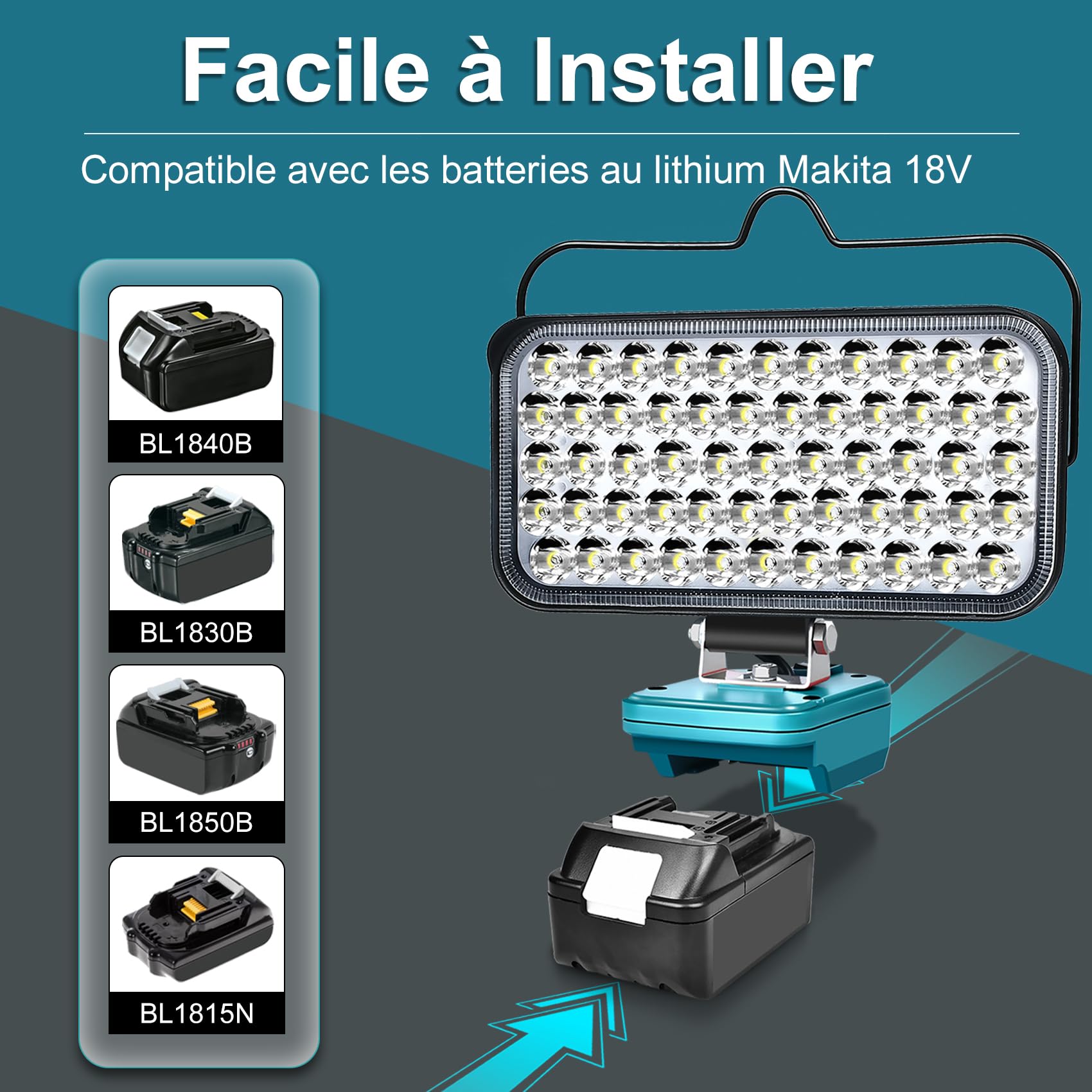 Lampe de Travail LED sans fil Compatible avec Batterie 18V, 174W 6800 LM, avec Port de Charge USB & Type-C, Protection Basse Tension, pour Jardin, Arrière-cour et Garage.
