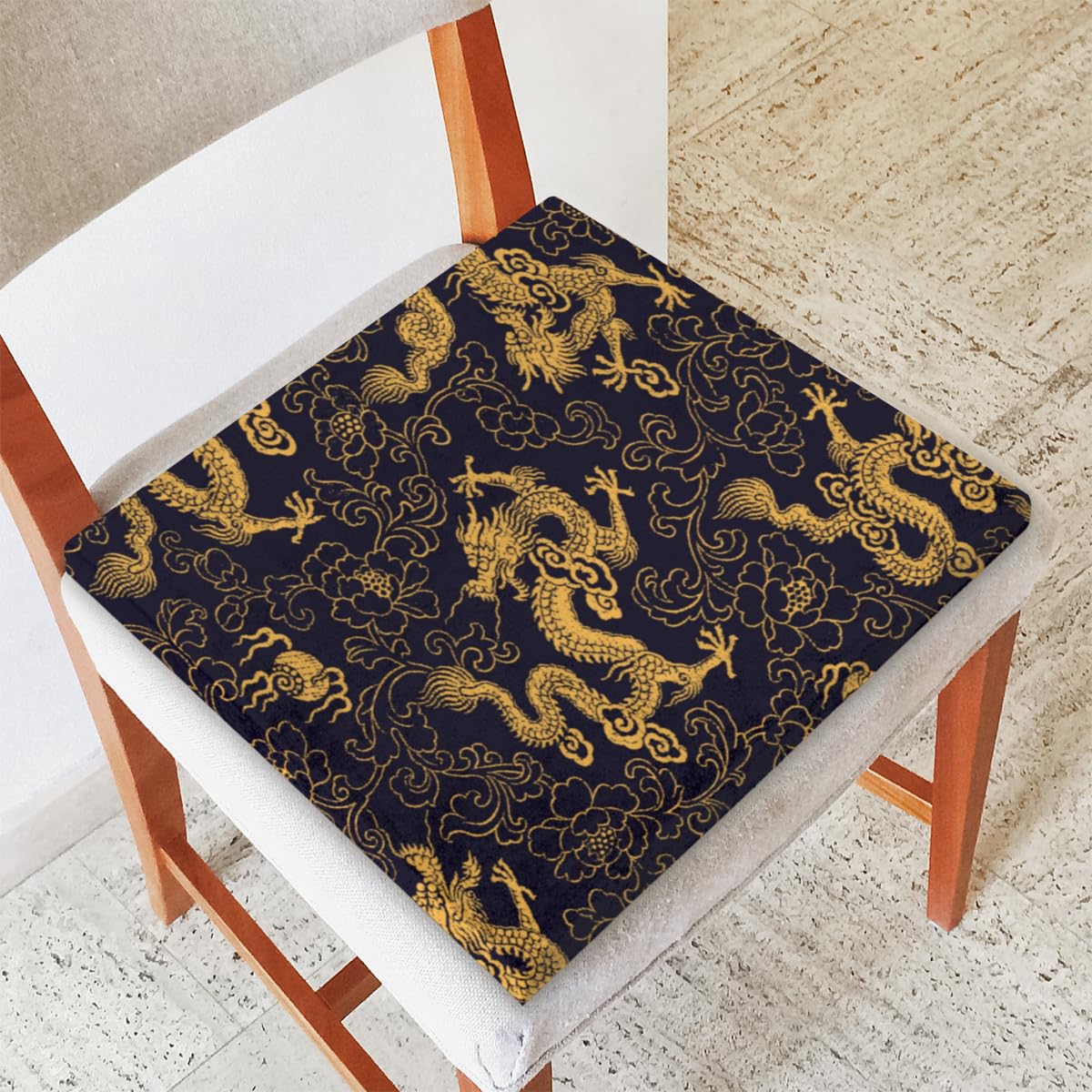 KOBLEN Chinese Vintage Dragon Kitchen Chair Cushion Seat Cushion with Foam Padding Comfortable Pad for Dining Room Office Chairs, 16