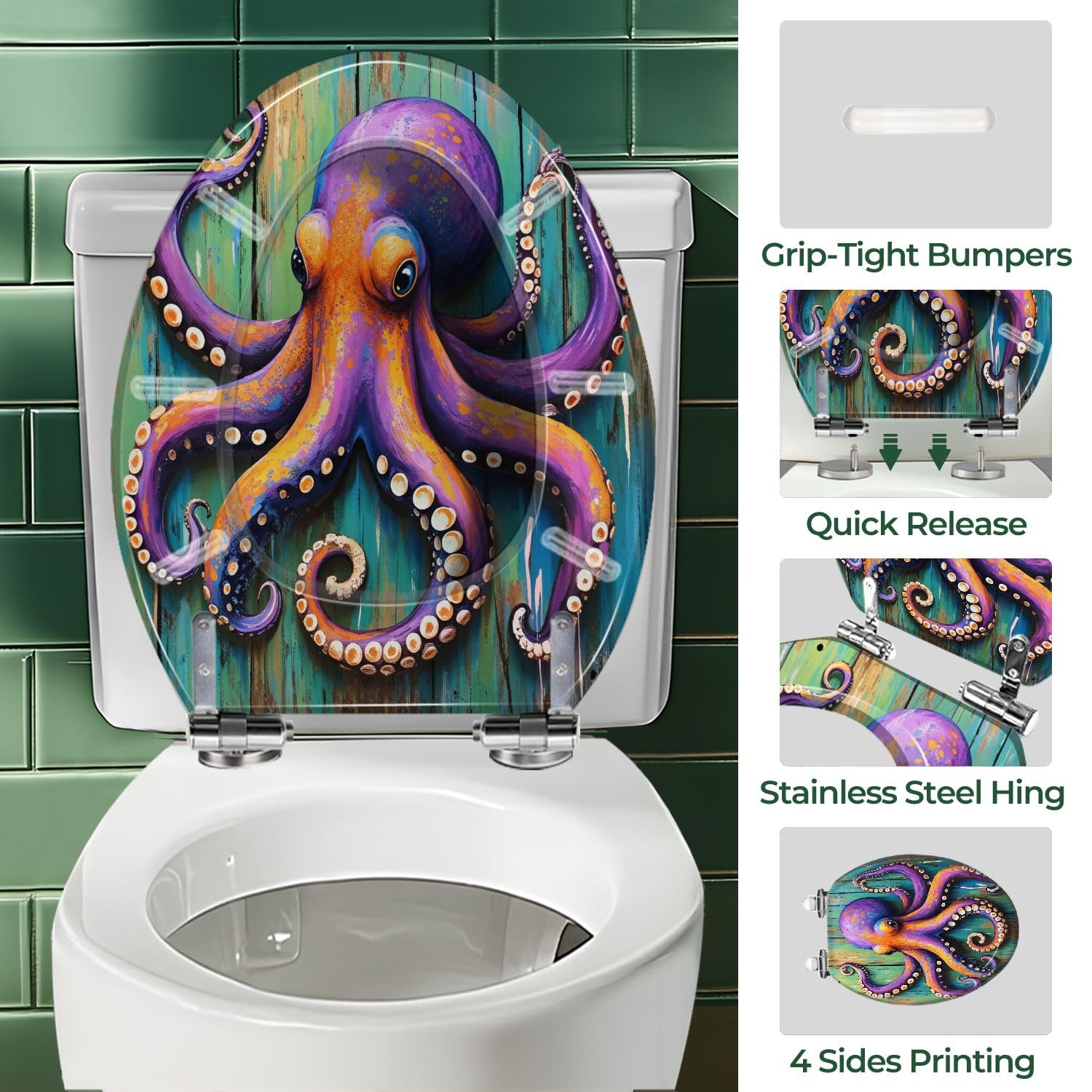 Asiento de inodoro alargado de resina con temática marina, de fácil liberación, para decoración de baño.