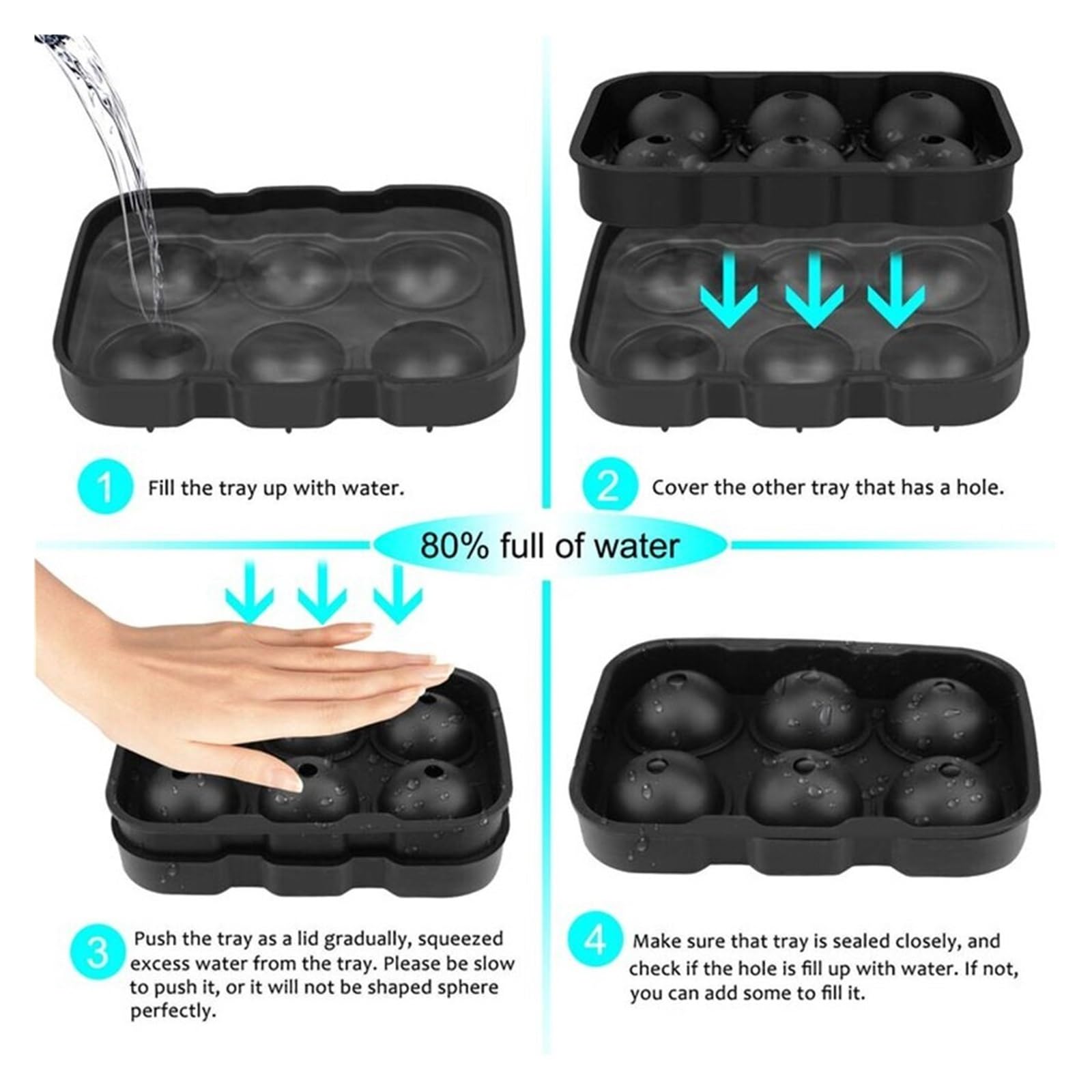 Vassoio per cubetti di Ghiaccio Vassoi in Silicone Sphere Ball Maker con Coperchio per Whisky e Cocktail Bourbon Riutilizzabile e Senza BPA (Color : Black 6 Holes)