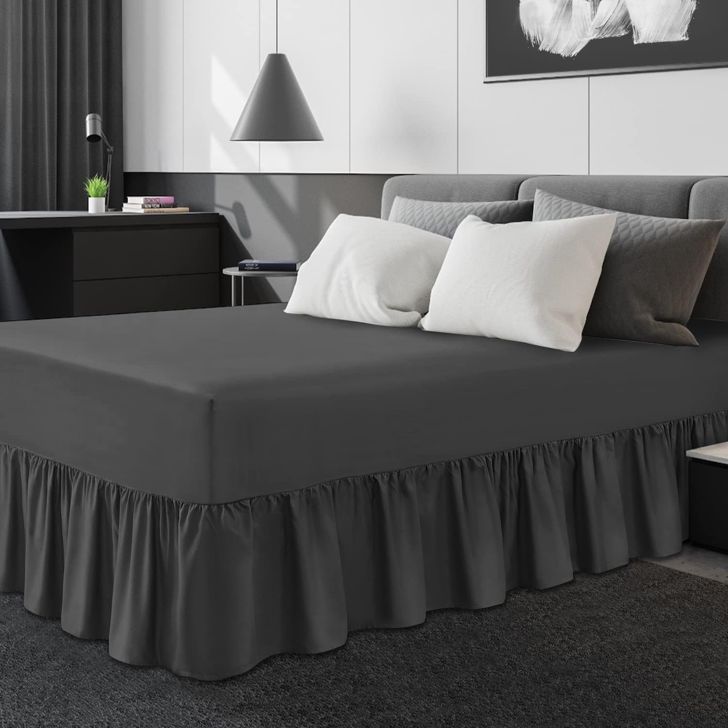 GC GAVENO CAVAILIA Non-Iron Percale Valance Sheet Single Bed | Lightweight & Breathable | Polycotton Soft & Cozy Frill Bed Sheets, Charcoal