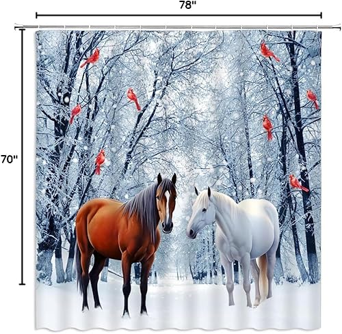 Miniatura 6 de Cortina de ducha de invierno de Navidad, caballos, pájaros rojos, escena de nieve, feliz año nuevo, decoración de baño, juego de cortinas con ganchos