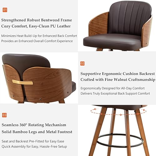 Miniatura 3 de Juego de 2 taburetes de bar giratorios  Taburetes de bar de mediados de siglo de 29.5 pulgadas con manualidades de madera curvada de nogal, respaldo