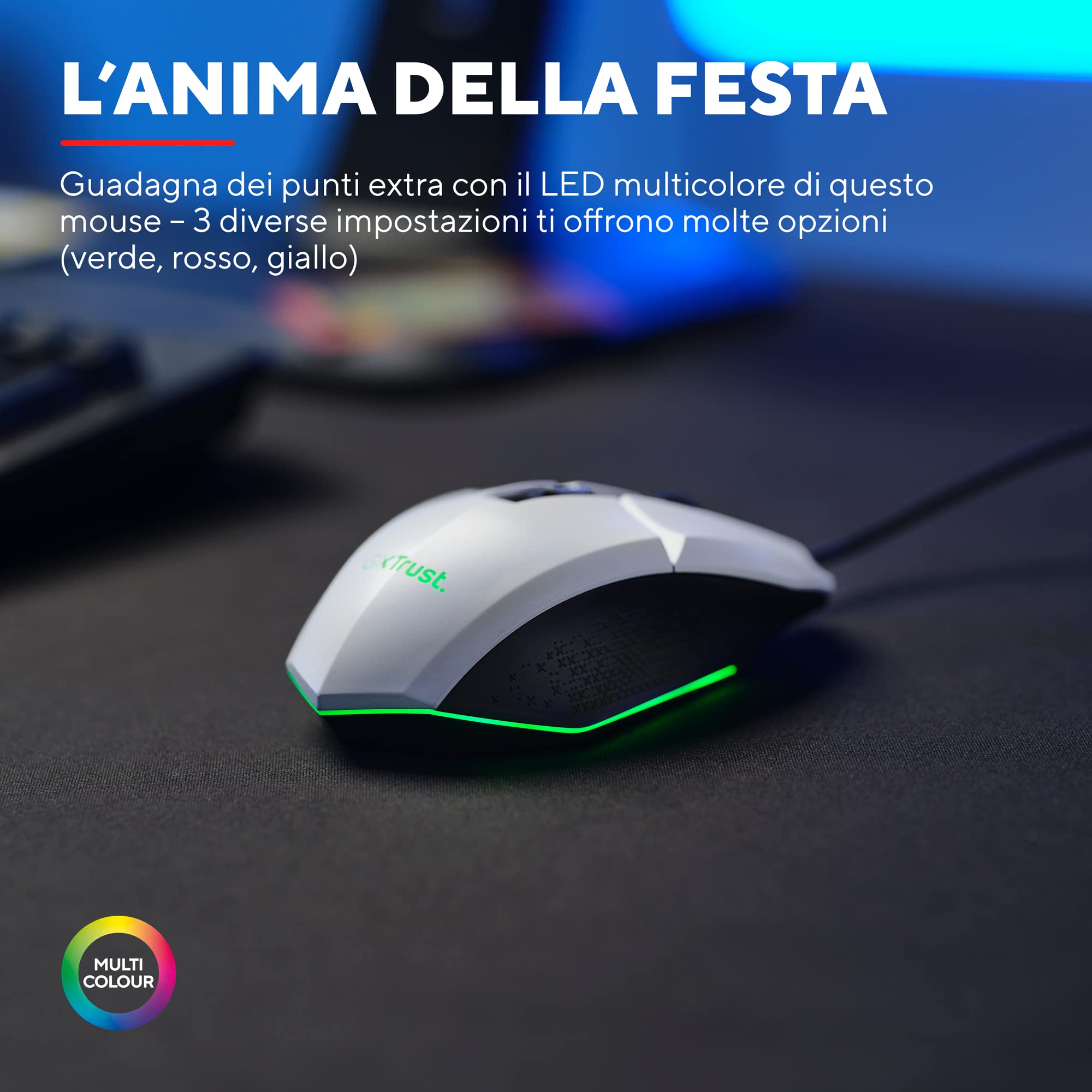 Trust Gaming GXT 109W Felox Mouse Gaming con 6 Pulsanti Programmabili, Illuminazione LED Multicolore, Software Incluso, 200-6400 DPI, Mouse con Filo USB 150 cm per PC, Portatile, Computer - Bianco