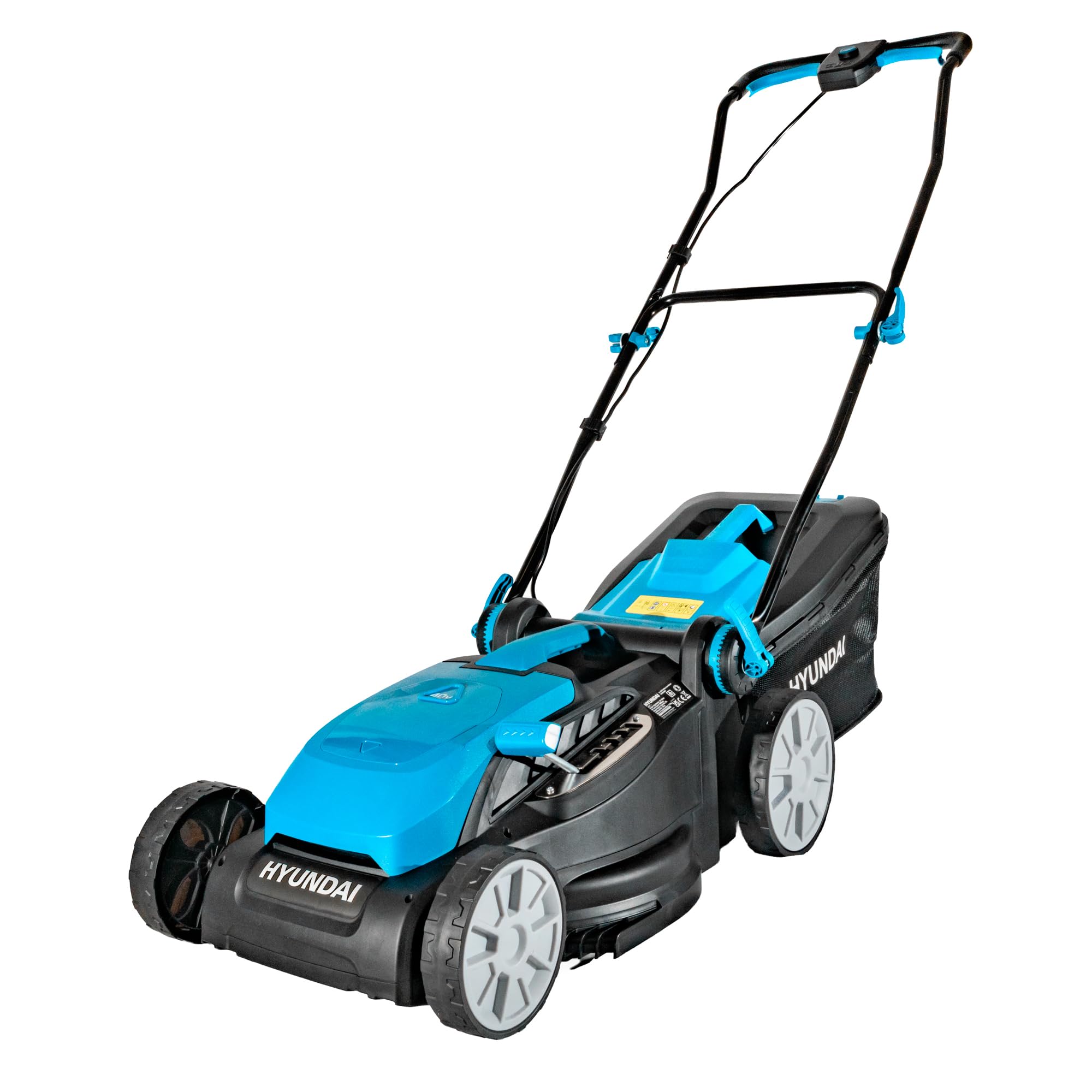 Hyundai Cortacésped inalámbrico de 38 cm, 40 V (2 x 20 V), Motor sin escobillas, 50 Minutos de Tiempo de Funcionamiento, 5 Alturas de Corte de 20 a 65 mm, Caja de césped de 36 L, 2 baterías de 4.0 Ah