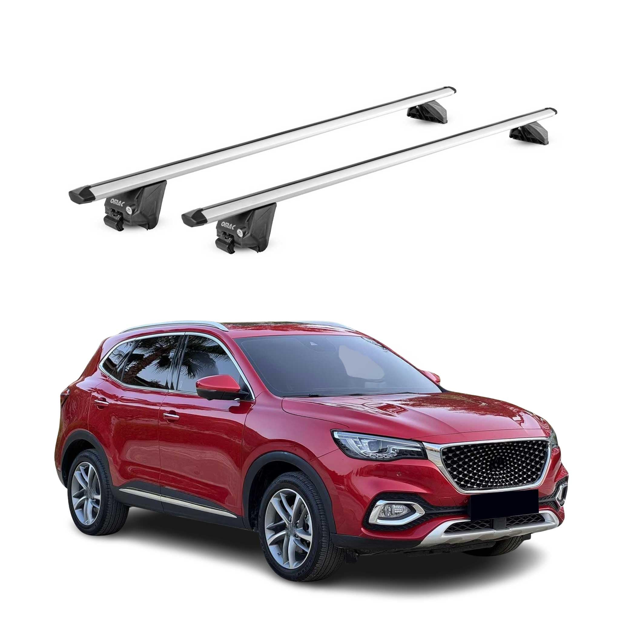 OMAC Barras de Techo Aluminio TÜV geprüft para MG EHS 2021-2024 – para Barras Integradas – T Nut – MAX 100 kg – 2 Schlösser Plata