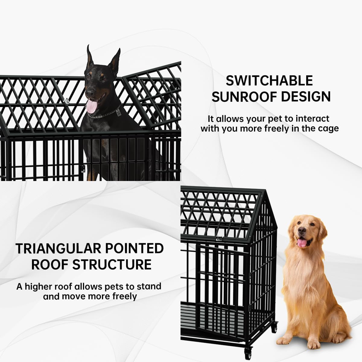 54" Heavy Duty Dog Crate Large Dog cage Strong Metal Dog Kennels and Crates for Large Dogs Top Open with 2 Doors 4 Lockable Wheels 2 Removable Trays
