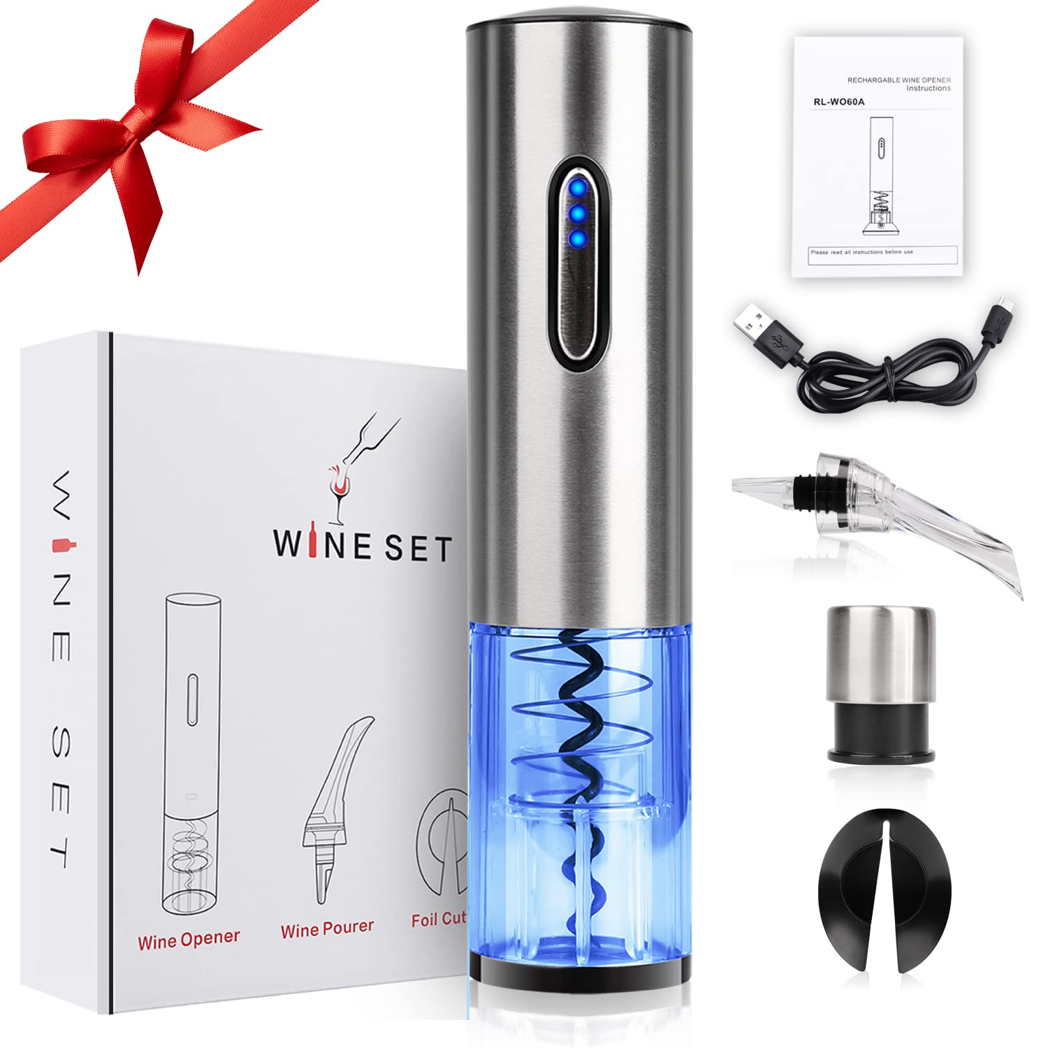 Electric Wine Opener, Automatic Electric Corkscrew, USB Rechargeable Cordless Wine Bottle Opener with Foil Cutter (SliverD)