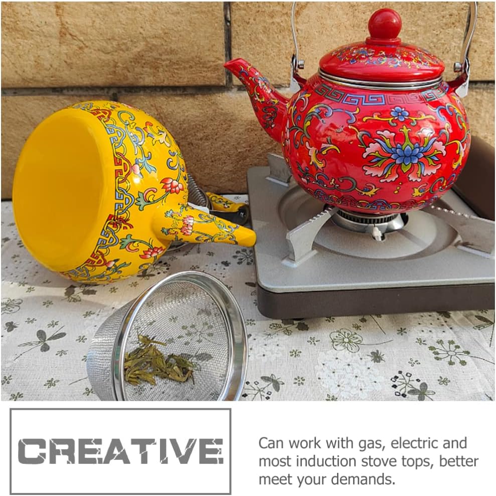 Enamel Tea Kettle with Ceramic Handle and Infuser 2.2L Water Kettle Coffee Pot Classic Floral Tea Kettle Steel Teapot for Stovetop Induction Cooker No Whistling Yellow