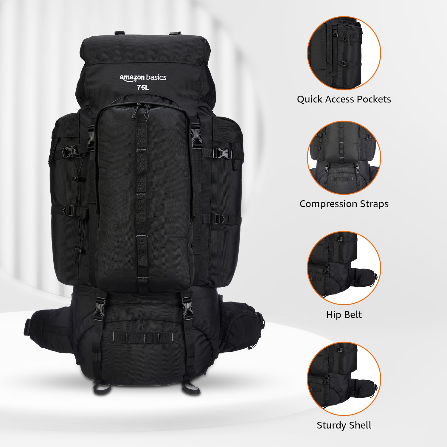 Amazon Basics 75 Liters Hiking Bag with Rain Cover | Trekking, Travel Bag for Men & Women | with Laptop Sleeve & Shoe Compartment