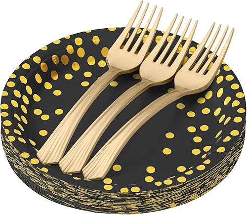 Juego de platos y tenedores de papel negro y dorado, 25 platos de postre desechables de 7 pulgadas y 25 tenedores de plástico de 7.3 pulgadas,
