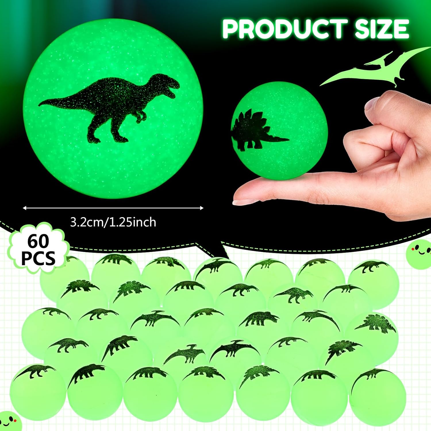 Seenelling 60 Pcs Dinosaur Glow in The Dark Bouncy Balls Dinosaur Birthday Party Favors for Kids Rubber High Mini Bouncing Balls Dino Themed Party Decorations Goodie Bags Stuffers