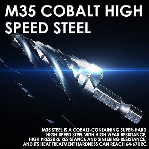 Miniatura 4 de Broca de paso de cobalto M35, broca de paso Unibit de cuatro espirales (14 a 34 pulgadas) resistente al desgaste con revestimiento TiAlN, vástago