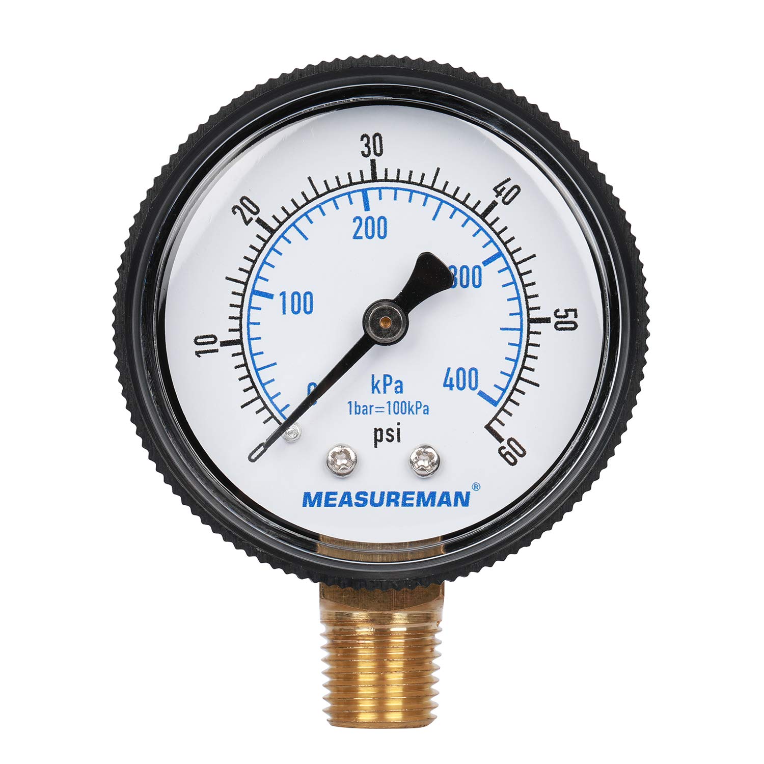 MEASUREMAN 2" Swimming Pool Pressure Gauge, 1/4" NPT Lower Mount, 0-60psi/kpa, Plastic Case