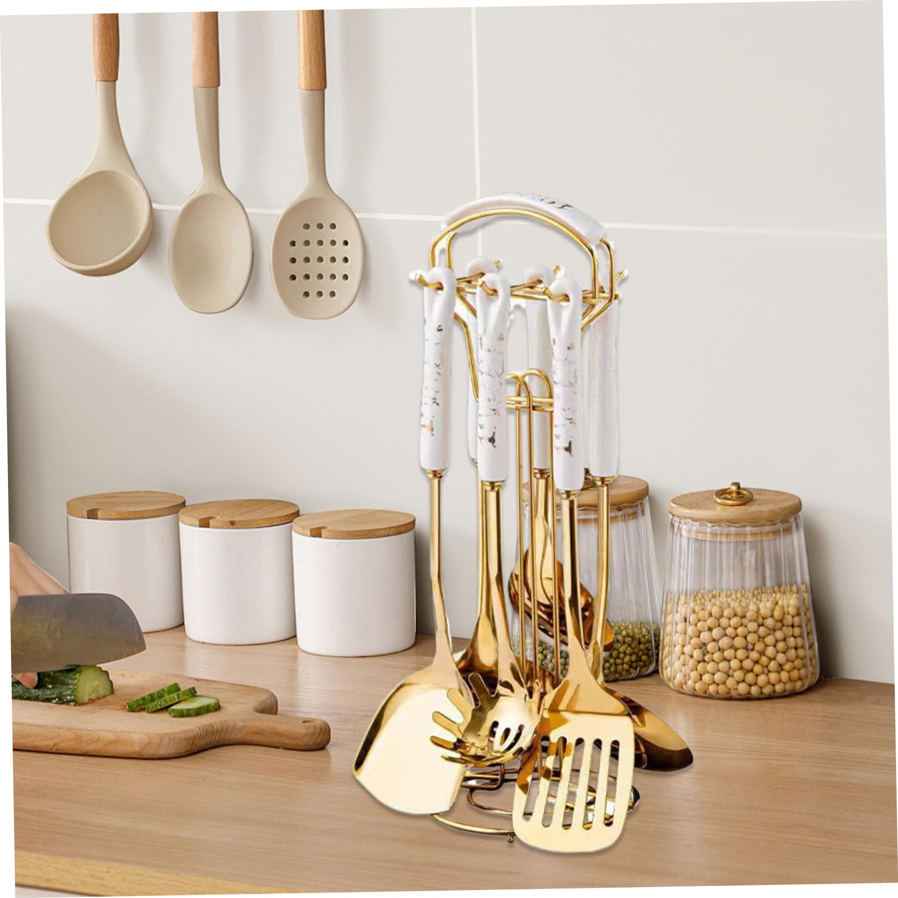 Juego de 7 Utensilios de Cocina de Acero Inoxidable, Utensilios Dorados con Soporte, Apto para lavavajillas, de Cocina de Metal para Colgar Que Incluyen espátula, cucharón y Cuchara par