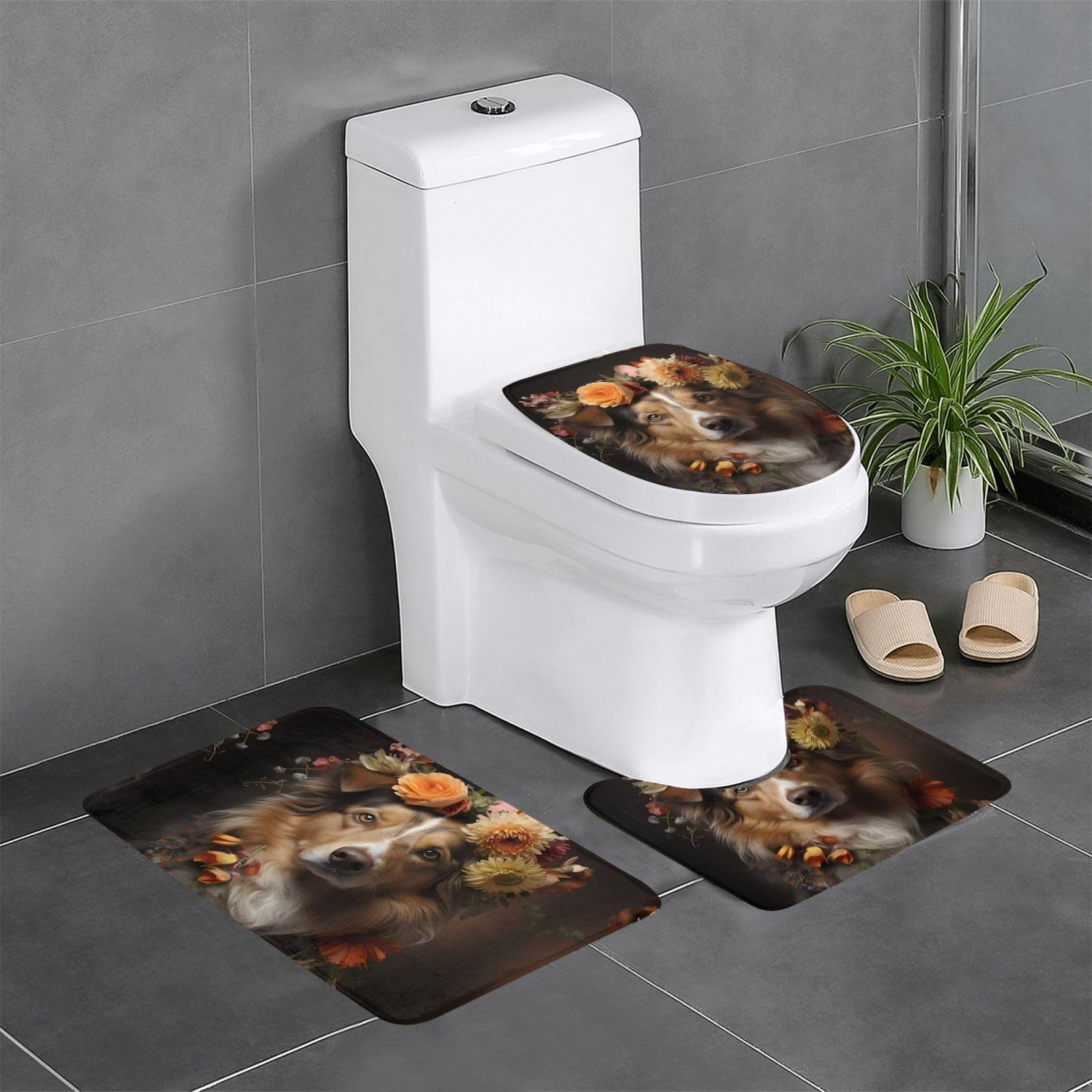 Tapis de salle de bain antidérapants lot de 3 contre les glissades WC et coiffeuse fleurs