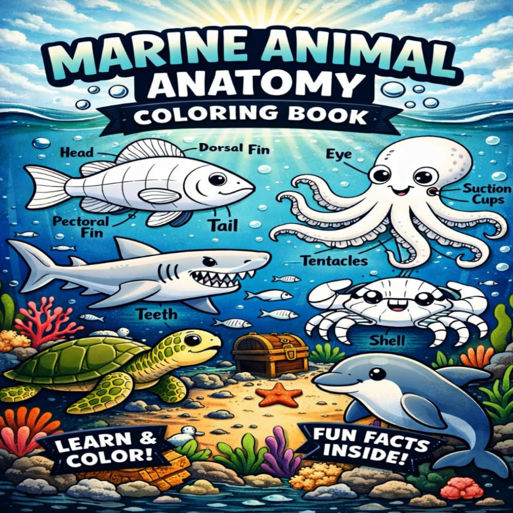 Marine Animal Anatomy Coloring Book: Learn Fish Whale Dolphin Shark and Octopus Anatomy Through Coloring