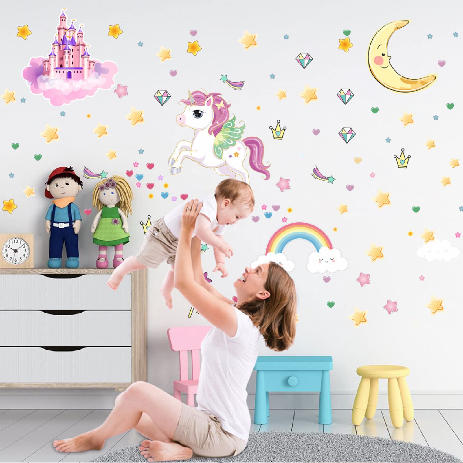 Vinilos de Pared Decorativos Unicornio Moon Rainbow Pegatinas pared Decorativas Stickers Estrellas Fluorescentes para Techo Vinilo Pared DIY Dormitorio Sala de estar Niños niñas Infantil
