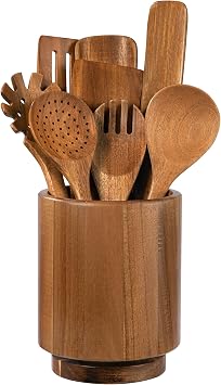 Wooden Utensil Holder, 360 Rotating Acacia Wood Kitchen Utensil Holder for Countertop, 7.2" Non-Slip Large Utensil Holder for Kitchen, Farmhouse Countertop Decor, Spatula Holders, Natural