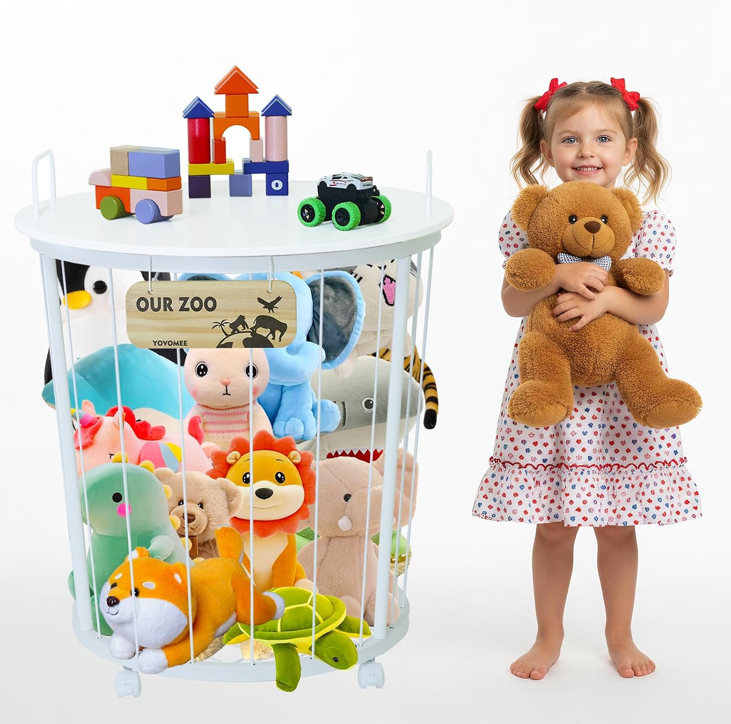 Stuffed Animal Storage Organizer with Tabletop & Caster Wheels