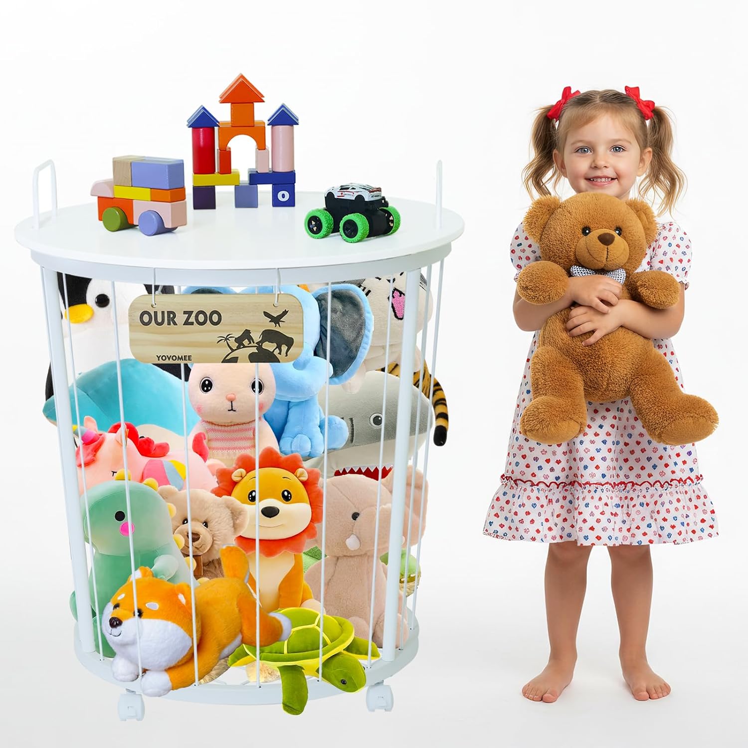 Stuffed Animal Storage Organizer with Tabletop & Brake Caster Wheels, Cute Metal Tube Toy Organizers and Storage for Nursery, Playroom, Bedroom (27.7”x24.8”) (White & White Tabletop)