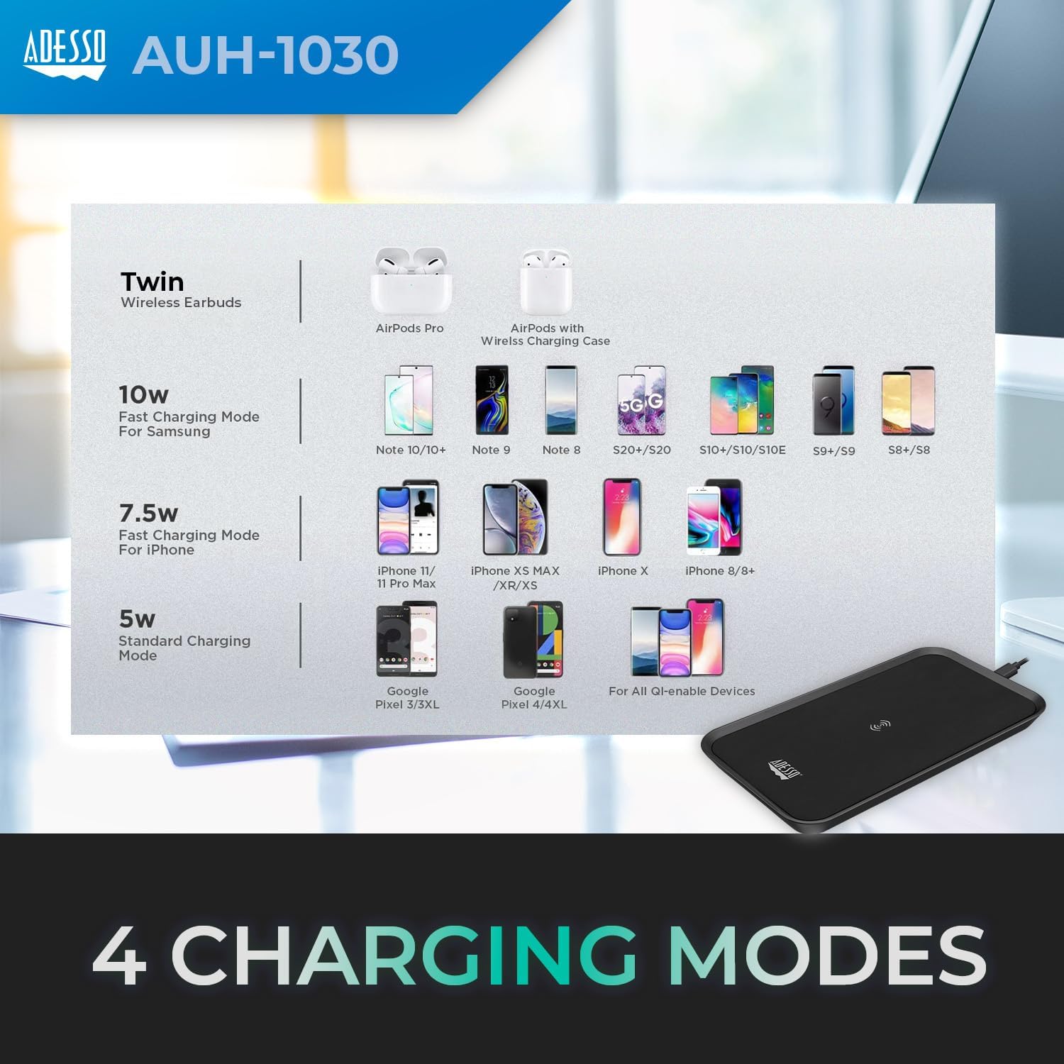 Adesso AUH-1030 10W Max Qi-Certified 3 Coils Wireless Charging Pad