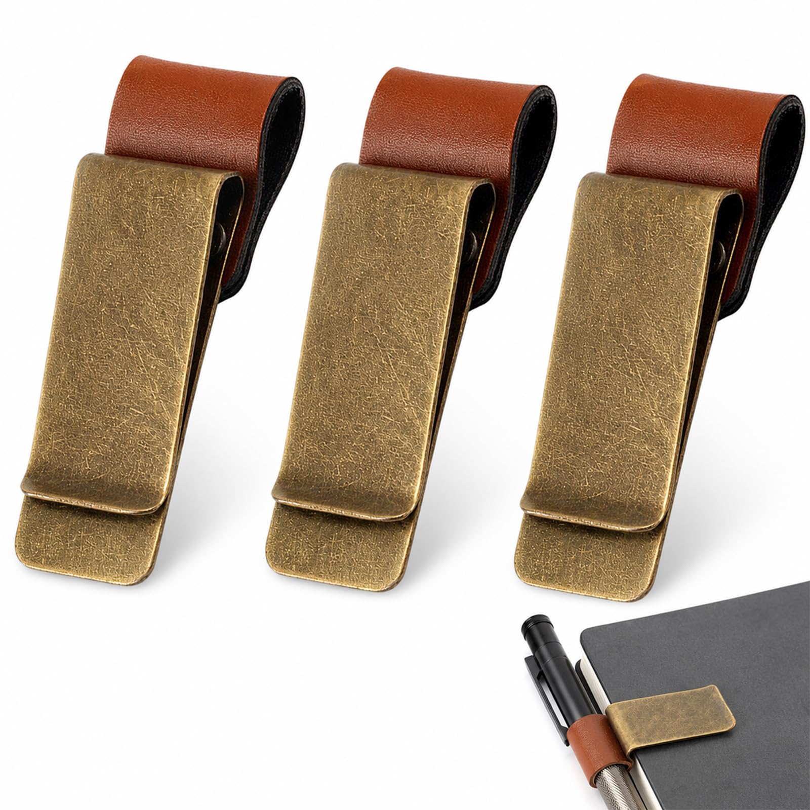 UMEGMBX 3 Pack Retro Style Traveler Notebook Pen Holder – Leather Pencil Loop with Stainless Steel Clip – For Journals, Planners, Notebooks – Brown