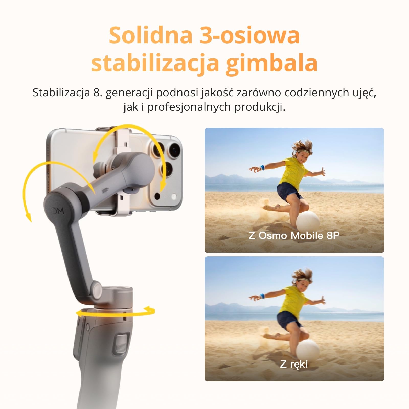 Osmo Mobile 8P, gimbal, stabilizator do iPhone’a i Androida, moduł śledzenia, pilot, natywne śledzenie, wysięgnik, statyw, bateria 10h, stabilizacja 3-osiowa, gimbal do telefonu