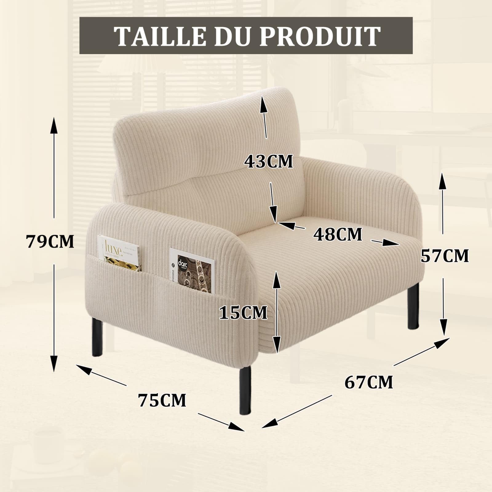 KOMHTOM Fauteuil Simple Places en Velours Côtelé avec Dossier Haut Confortable, 4 Poches et Pieds en Métal - Canapé d'angle Moderne pour Salon, Chambre à Coucher et Bureau (Beige - 1 Place)