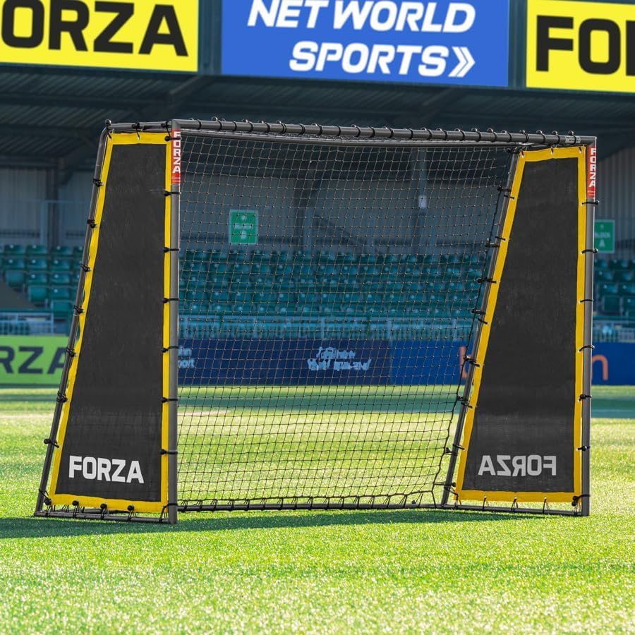 FORZA Steel42 Porterías de fútbol | Portería de Acero Resistente | Tamaño reglamentario, portátil con estacas para el Suelo y Kit de Rebote Opcional (con Kit de reboteador, 2,4m x 1,8m)