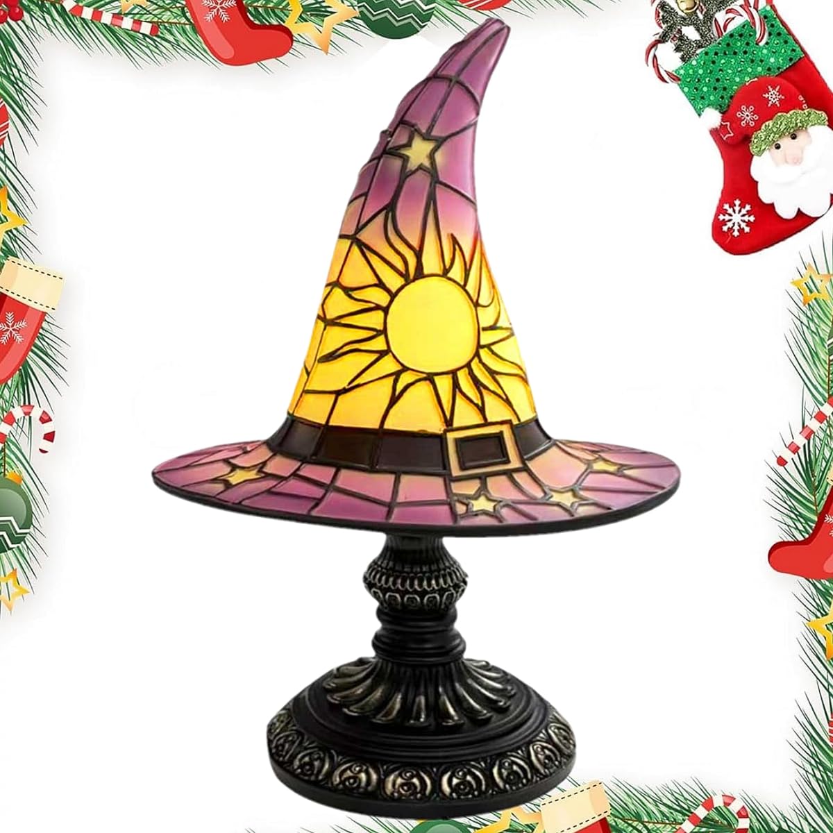 Loisdaro Witch Hat Lamps - Handcrafted Stained Gothic Wizard Hat Lights for Decor,Light with Glow-in-The-Dark Figurine for Bedroom， Mystical Bedroom