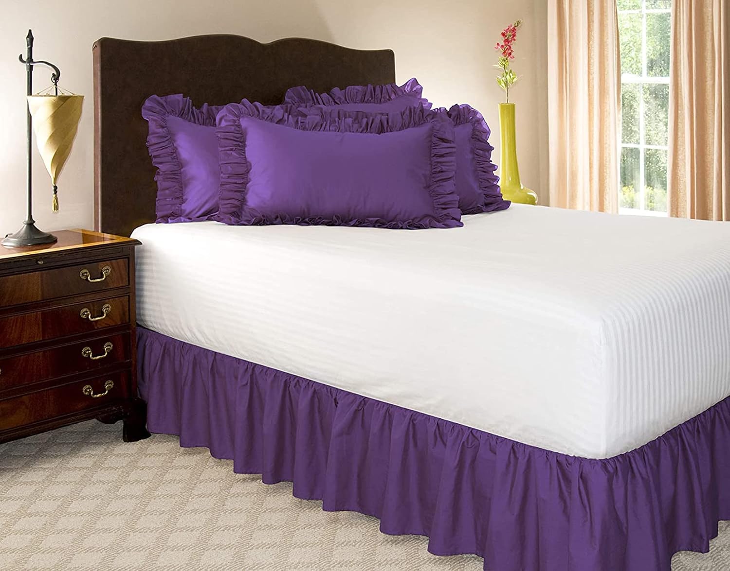 Wrap Around Bed Skirt, Elastic Dust Ruffles, Solid Color Bedskirt,Queen and King, 15" Drop