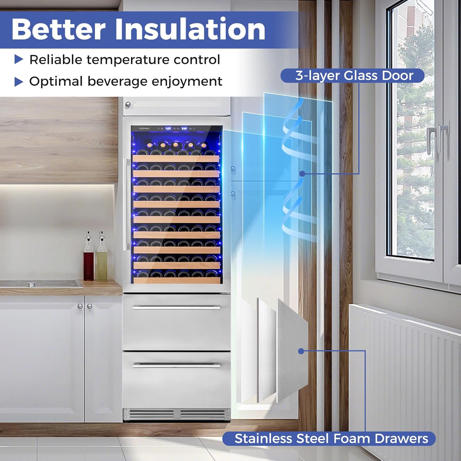 Cross-section view of the refrigerator door highlighting the 3-layer glass and stainless steel foam drawers for insulation.